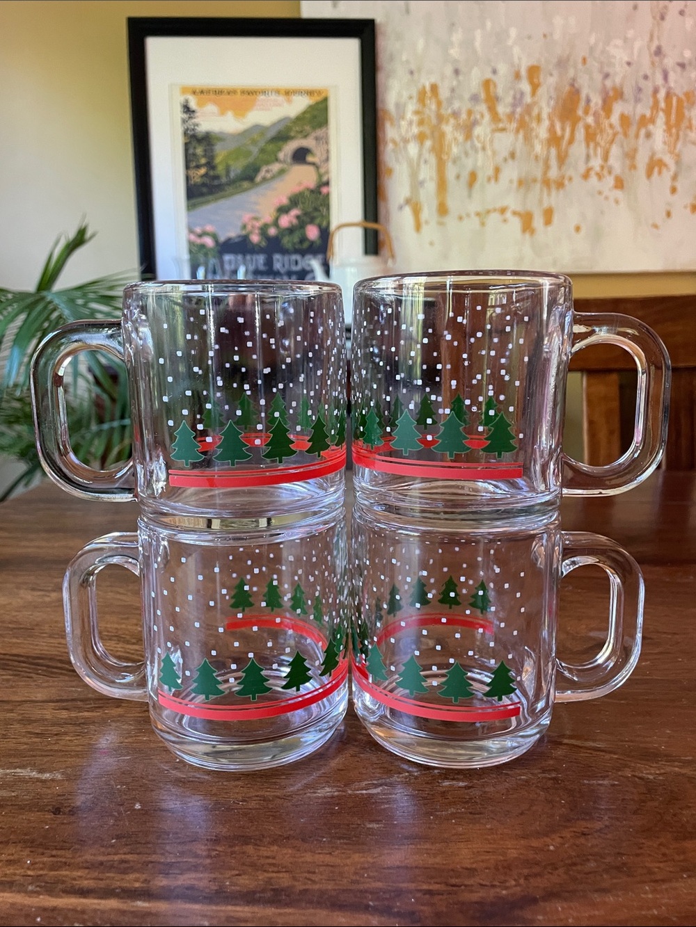 4 Vintage Libbey Libby Christmas Winter Scene Holiday Glass Coffee Cup Mug USA